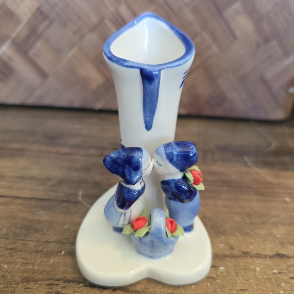 EH Denmark Blue White Porcelain Miniature Bud Vase Kissing Couple Windmill 10577